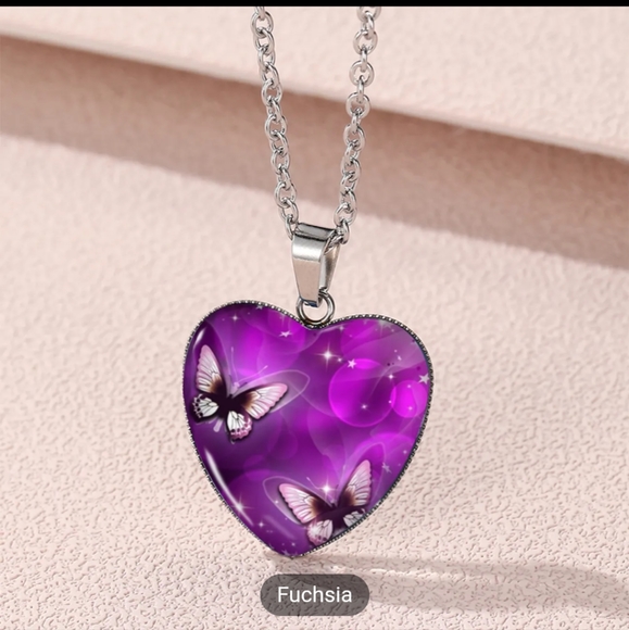 cute butterfly heart charm with silvertone necklace - Picture 2 of 3